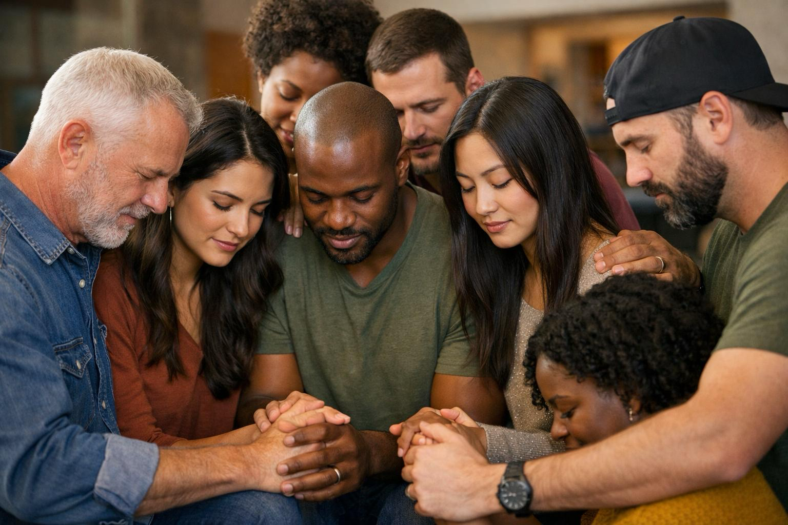 People coming together in prayer and encouragement